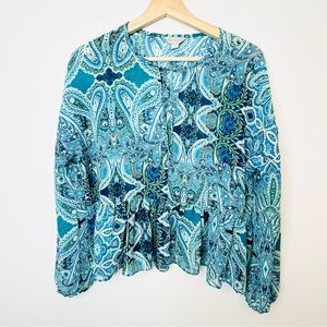 Belle sky, blouse, beautiful shades of turquoise and blue ruffle at hem medium